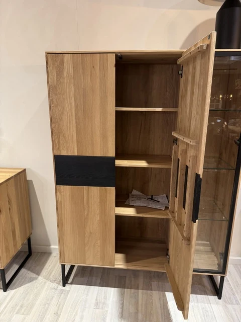 Highboard Eiche massiv, Hochschrank mit Glastür Eiche, Breite 116 cm