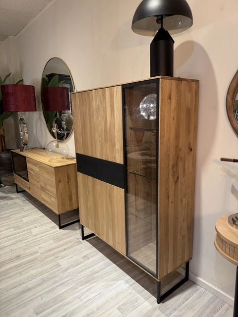 Highboard Eiche massiv, Hochschrank mit Glastür Eiche, Breite 116 cm
