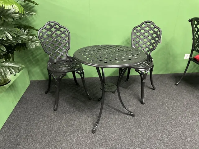 3er Set, Gartentisch rund mit zwei Stühlen Aluminium, Metall Gartenstuhl, Gartenstuhl Metall-Aluminium