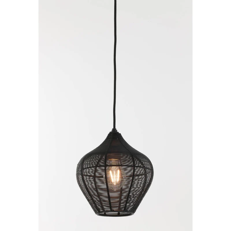Metall Hängeleuchte schwarz, Hängeleuchte schwarz-Matt , Rattan Look, Höhe Ø20x22 cm