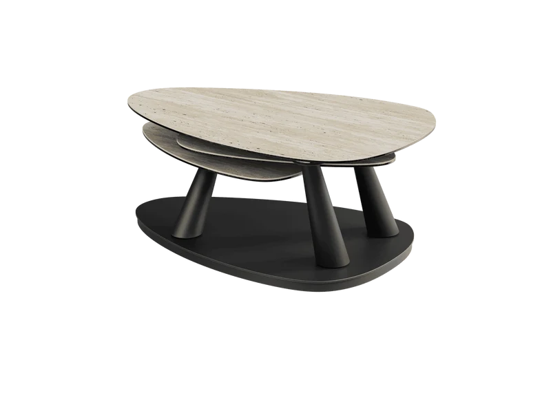 Couchtisch ausziehbar Keramik, Couchtisch Keramik verlängerbar, Couchtisch Travertin, Länge 100-155 cm