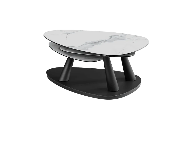 Couchtisch ausziehbar Keramik, Couchtisch Keramik verlängerbar, Couchtisch Marmoroptik weiß-grau, Länge 100-155 cm