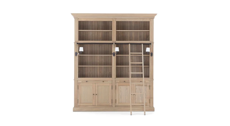 Bücherschrank Eiche Landhausstil, Bücherschrank klassisch mit Beleuchtung, Breite 218 cm