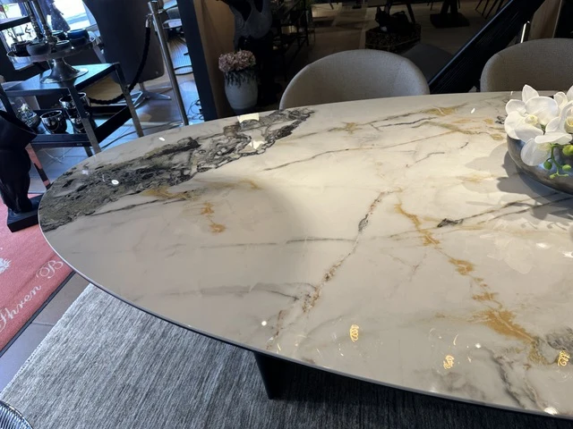 Keramik Esstisch Marmoroptik, Esstisch Keramik Tischplatte oval, ovaler Esstisch Keramik, Länge 260 cm