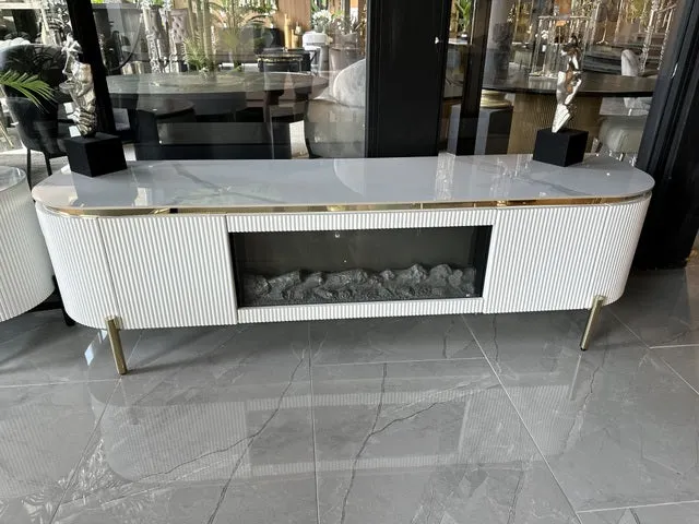 TV Schrank weiß mit Kamin, Fernsehschrank mit Elektrokamin weiß, Lowboard weiß, Länge 200 cm