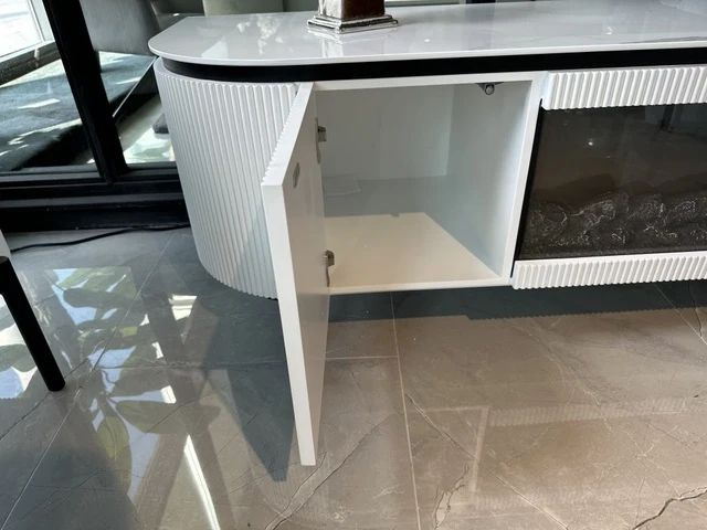 TV Schrank weiß mit Kamin, Fernsehschrank mit Elektrokamin weiß, Lowboard weiß, Länge 200 cm