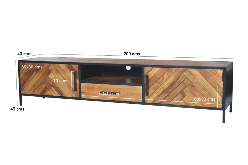 TV Schrank Industriedesign, Fernsehschrank Metall-Holz, Breite 200 cm