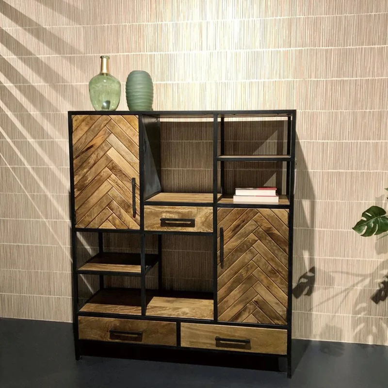 Highboard Industriedesign, Bücherregal Metall-Holz, Schrank Industrie, Breite 120 cm