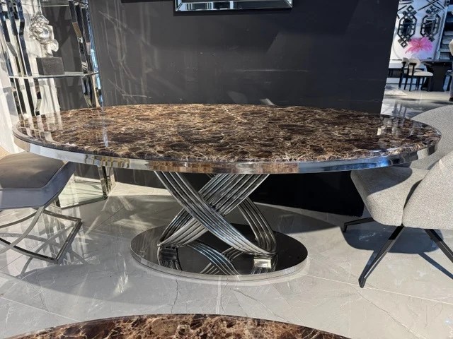 Esstisch oval braun-Silber Marmoroptik, ovaler Tisch Silber, Länge 200 cm
