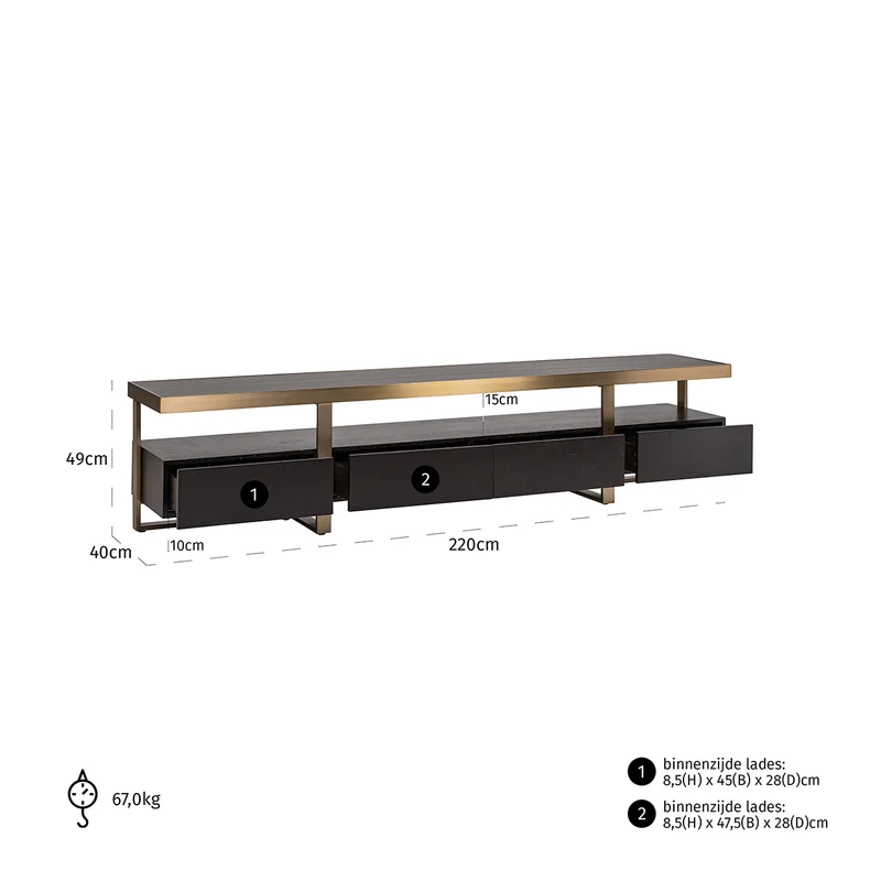 TV Regal schwarz-Gold, Fernseheregal Gold-schwarz, Lowboard Gold-schwarz, Breite 220 cm
