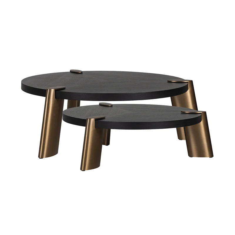2er Set Couchtisch rund schwarz-Gold, runder Couchtisch Gold-schwarz, Durchmesser 118-122 cm