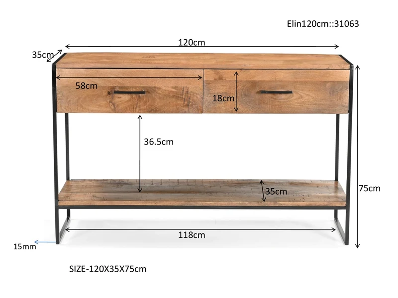 Konsole Naturholz Industriedesign, Wandtisch Metall-Gestell, Breite 125 cm