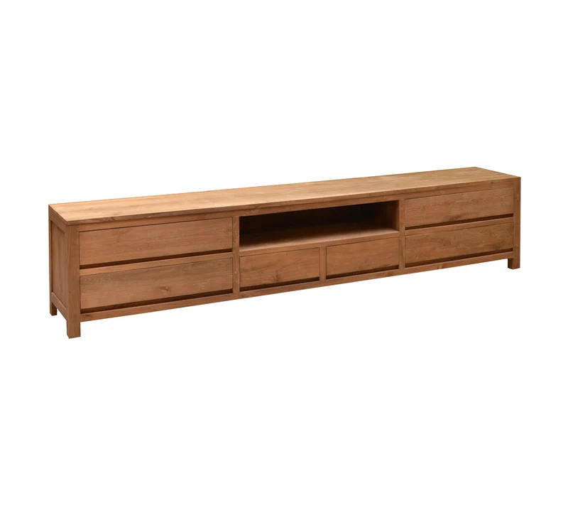 TV Schrank Teakholz Naturholz, Fernseheschrank Holz mit Schubladen, Breite 240 cm
