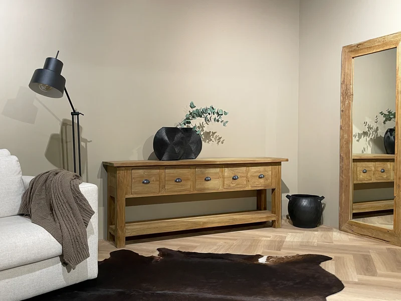 Konsole Teakholz Naturholz, Wandtisch Holz mit Schubladen, Breite 200 cm