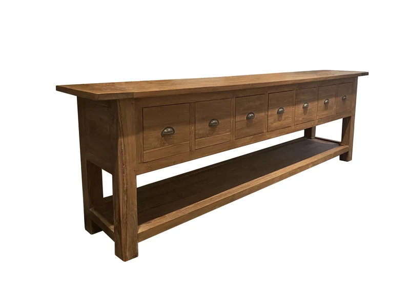 Konsole Teakholz Naturholz, Wandtisch Holz mit Schubladen, Breite 250 cm