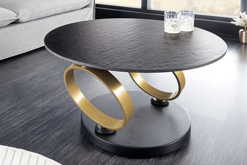 Couchtisch schwarz-Gold, Couchtisch ausziehbar rund, Durchmesser 80-134 cm
