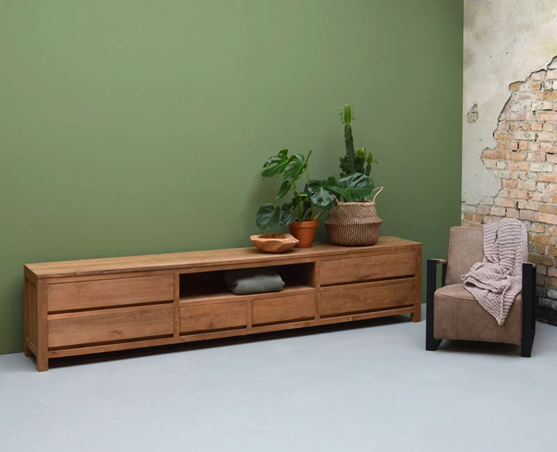 Fernseheschrank Teakholz Naturholz, TV Schrank Holz mit Schubladen, Breite 280 cm