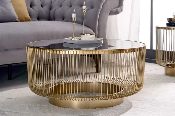 Couchtisch schwarz-Gold, Glas-Couchtisch rund, Durchmesser 79 cm