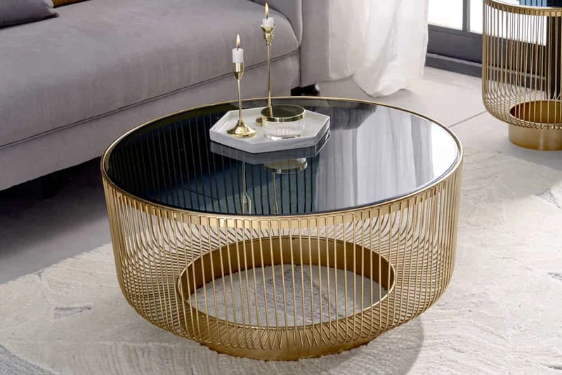 Couchtisch schwarz-Gold, Glas-Couchtisch rund, Durchmesser 79 cm