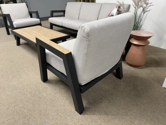Set 4 teiliges Loungesofa anthrazit-Holzoptik, 2xGartensessel anthrazit outdoor Couchtisch, Garten-Couchtisch anthrazit, Lounge anthrazit Aluminium-Gestell