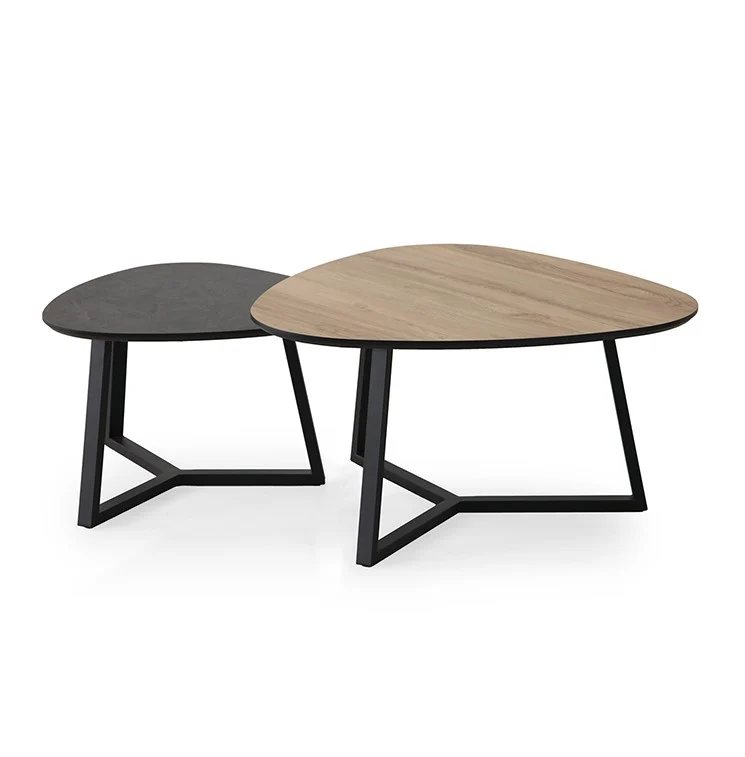 Couchtisch Dreieck, 2er Set Couchtischtisch schwarz-Naturholz, Maße 60-80 cm