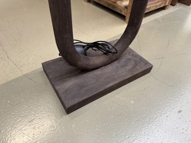 Stehlampe Holz braun mit Lampenschirm, Tischleuchte braun mit Lampenschirm taupe, Höhe 185 cm