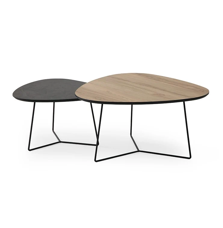 Couchtisch Dreieck, 2er Set Couchtischtisch schwarz-Naturholz, Maße 60-80 cm
