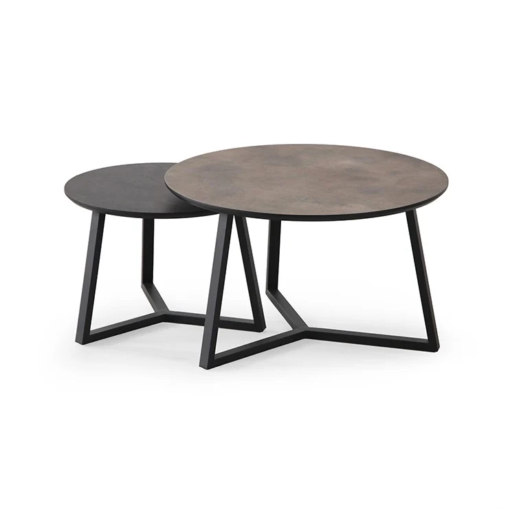 Couchtisch rund, 2er Set Couchtischtisch schwarz-braun, Maße 50-70 cm