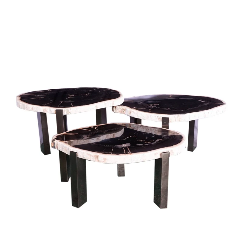 Couchtisch Stein rund, 3er Set Couchtisch schwarz-weiß rund, Durchmesser 50-60 cm