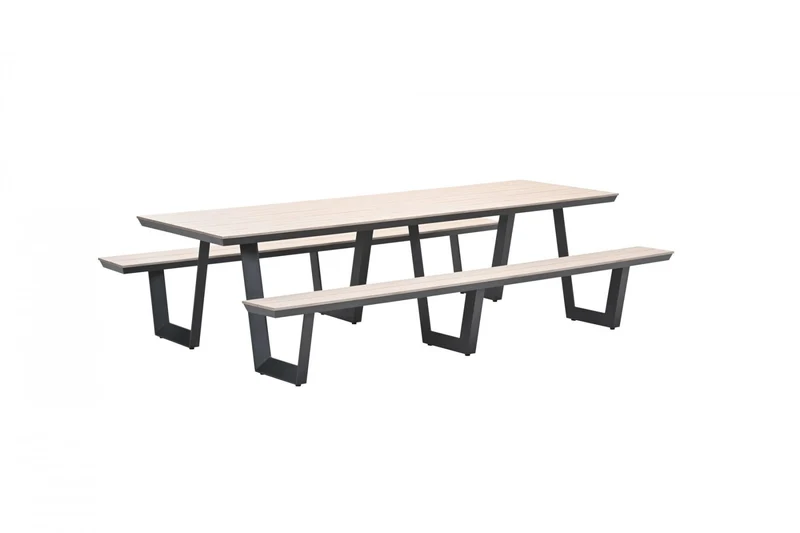 Gruppensitzbank grau, Sitzgruppe Aluminium anthrazit, Picknick Gartentisch mit Bank anthrazit, Länge 280 cm