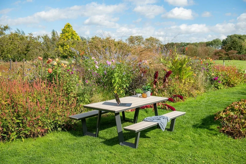 Gruppensitzbank braun, Sitzgruppe Aluminium anthrazit, Picknick Gartentisch mit Bank braun-anthrazit, Länge 280 cm