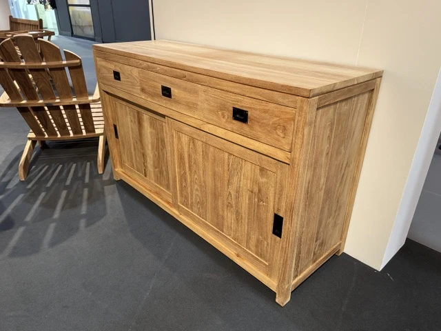 Sideboard Holz Teak mit Schiebetüren, Anrichte mit Schubladen Massivholz Teak, Breite 150 cm