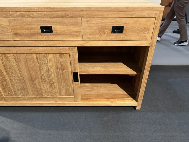 Sideboard Holz Teak mit Schiebetüren, Anrichte mit Schubladen Massivholz Teak, Breite 150 cm