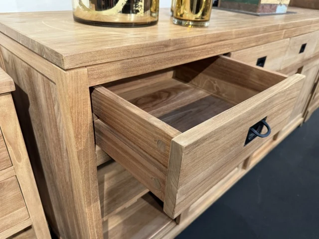 Sideboard Holz Teak mit Schiebetüren, Anrichte mit Schubladen Massivholz Teak, Breite 200 cm