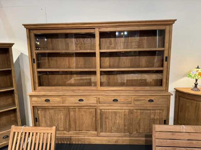Vitrine mit Schiebetüren Holz Teak, Geschirrschrank mit Schubladen Massivholz Teak, Breite 168 cm