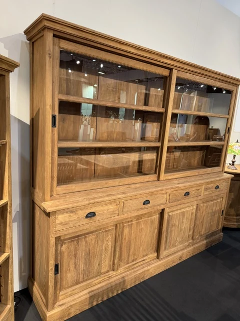 Vitrine mit Schiebetüren Holz Teak, Geschirrschrank mit Schubladen Massivholz Teak, Breite 168 cm