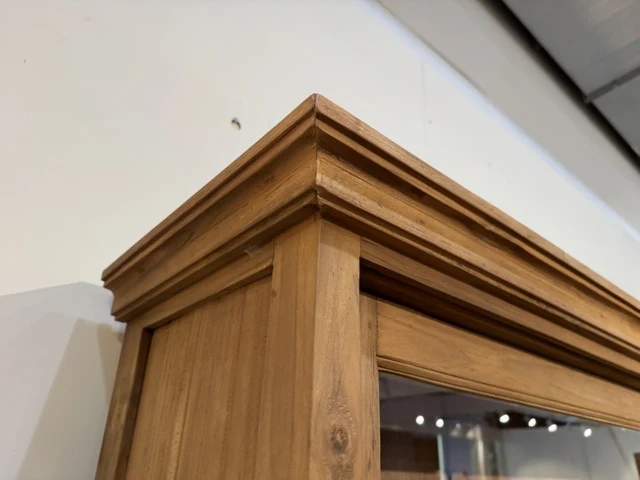 Vitrine mit Schiebetüren Holz Teak, Geschirrschrank mit Schubladen Massivholz Teak, Breite 168 cm