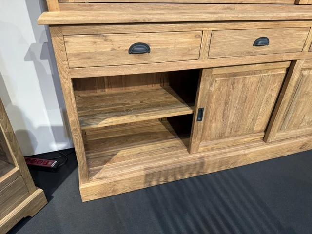 Vitrine mit Schiebetüren Holz Teak, Geschirrschrank mit Schubladen Massivholz Teak, Breite 168 cm