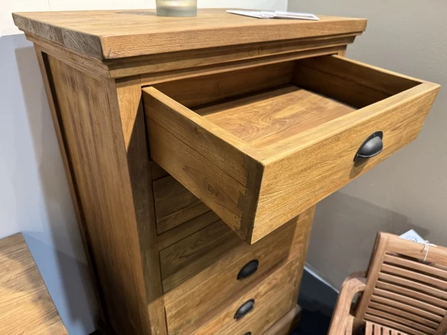 Kommode Holz Teak, Hochschrank mit Schubladen Massivholz Teak, Breite 68 cm