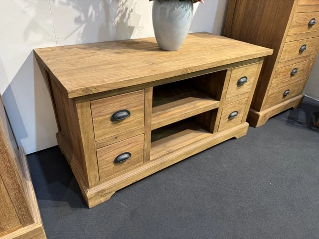 TV Schrank Holz Teak, Fernsehschrank mit Schubladen Massivholz Teak, Breite 145 cm