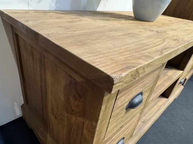 TV Schrank Holz Teak, Fernsehschrank mit Schubladen Massivholz Teak, Breite 145 cm