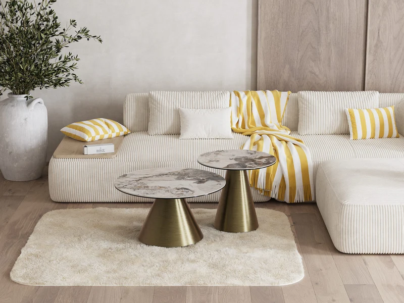 Beistelltische 2er Set Keramik, Keramik Couchtisch rund Keramik Marmoroptik, runder Couchtisch Gold Keramik, Durchmesser 55-75 cm