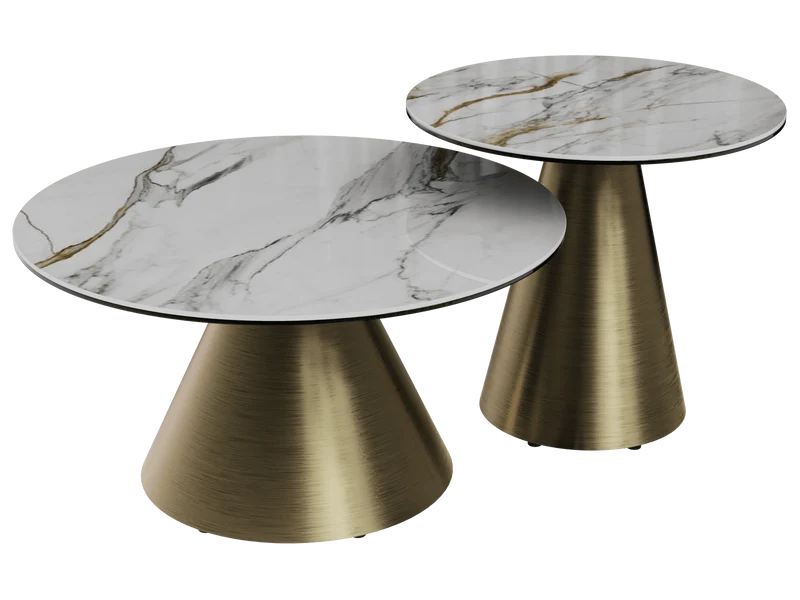 Couchtische 2er Set Keramik, Keramik Beistelltisch Gold Keramik Marmoroptik, runder Couchtisch Gold Keramik, Durchmesser 55-75 cm