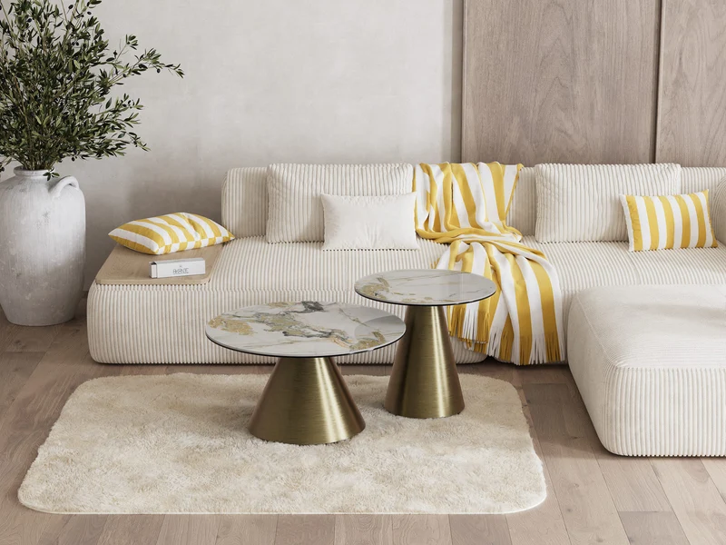 Couchtische 2er Set Keramik, Keramik Beistelltisch Gold Keramik Marmoroptik, runder Couchtisch Gold Keramik, Durchmesser 55-75 cm