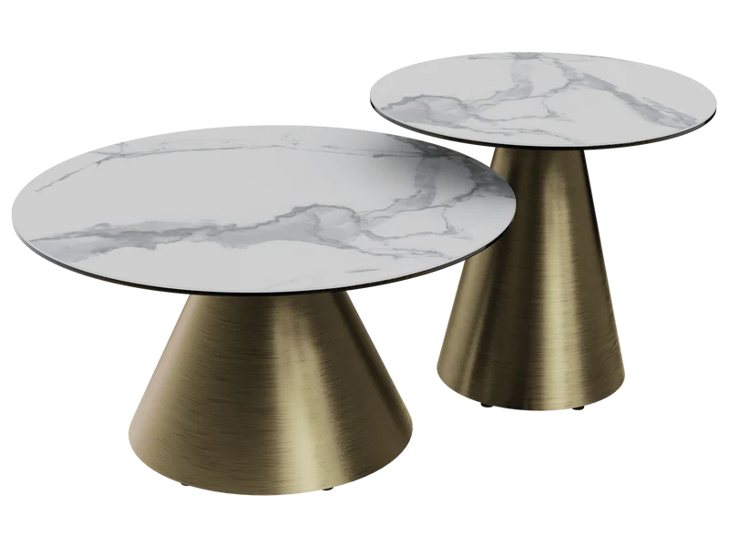 Couchtische 2er Set Keramik, Keramik Beistelltisch Gold Keramik Marmoroptik, runder Couchtisch Gold Keramik, Durchmesser 55-75 cm