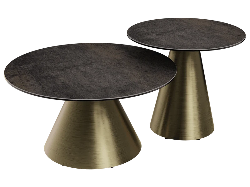 Beistelltische 2er Set Keramik, Keramik Couchtisch braun rund Keramik, runder Couchtisch Gold Keramik, Durchmesser 55-75 cm