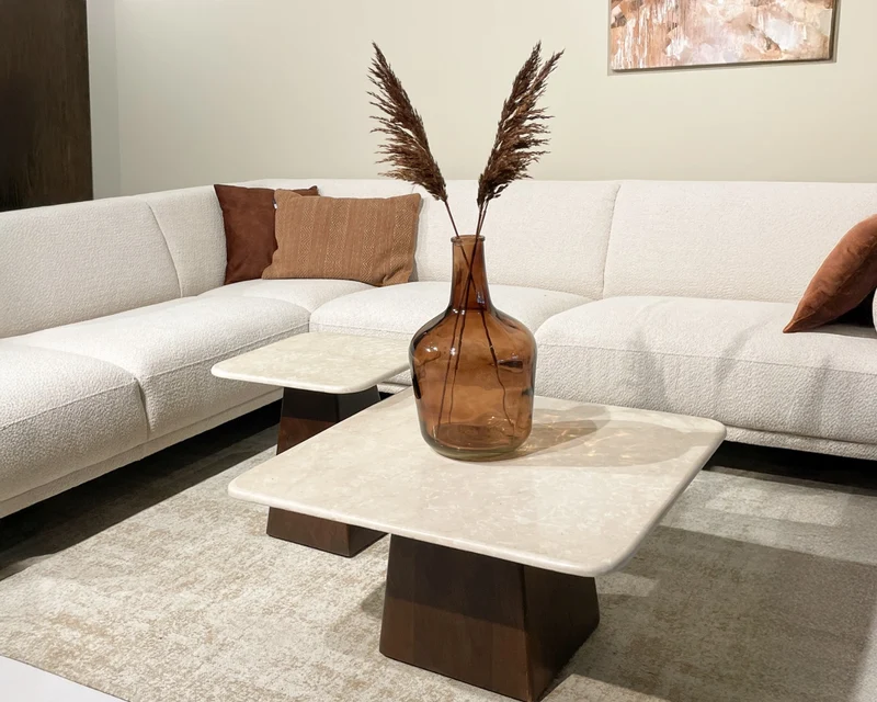 Beistelltisch Marmor-Tischplatte beige-weiß , Couchtisch beige-braun, Maße 45x45 cm