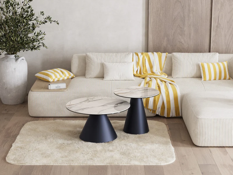 Couchtische weiß-grau Marmoroptik Keramik, runder Couchtisch schwarz Keramik, Durchmesser 75 cm