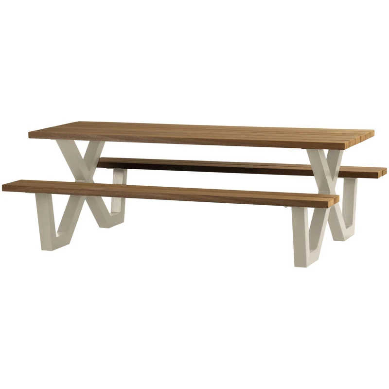 Gartentisch mit Sitzbank braun-beige, Picknick-Sitzgruppe braun, Tisch-Bank beige. Länge 206 cm