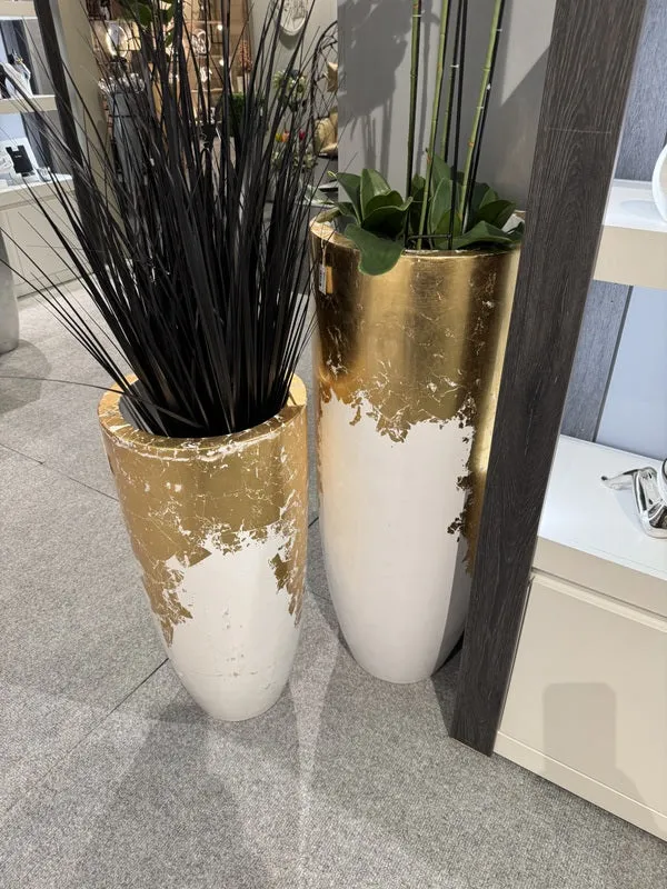 Vase weiß-Gold, Bodenvase Gold-weiß, Pflanzvase weiß-Gold, Höhe 75 cm